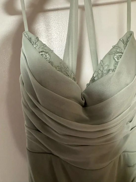 Azazie Dusty Sage Dress Long Ruched Lace Formal Gown - Size 6 - Picture 3 of 5